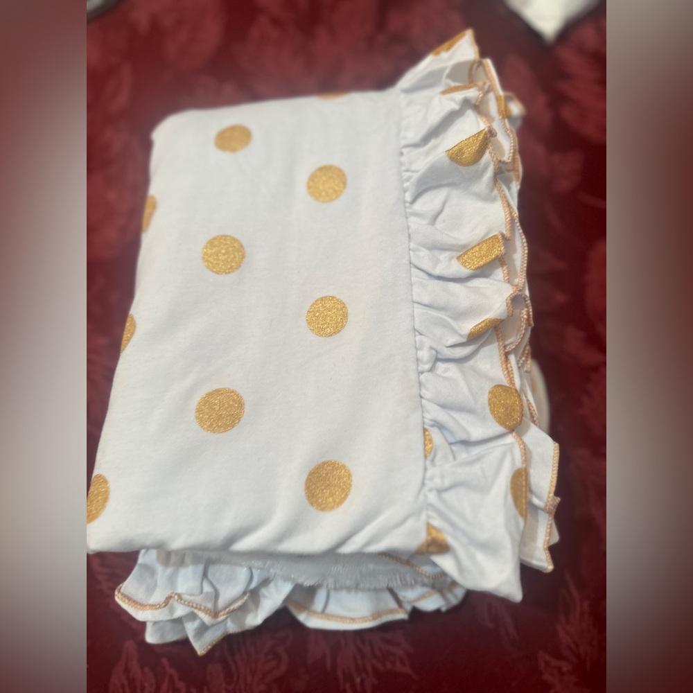 White Ruffled Baby Blanket with Gold Polka Dots Minky back